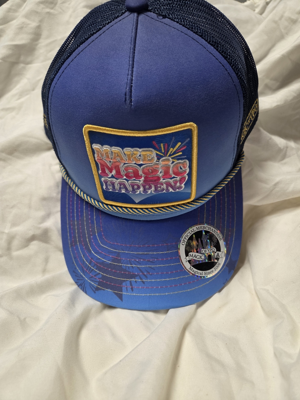 Disney Blue Trucker Hat with Colorful 'Make Magic Happen' Patch